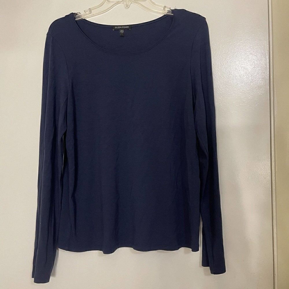 EILEEN FISHER navy blue knit lightweight long sleeve pullover shirt size Large
